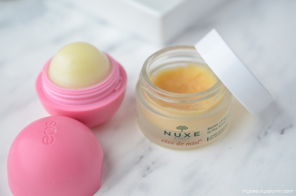Eos lip balm Strawberry & Nuxe Reve De Miel lip balm