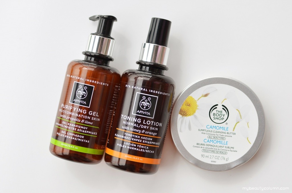 Apivita Purifying Gel, Toning Lotion & The Body Shop Camomile Cleansing Butter