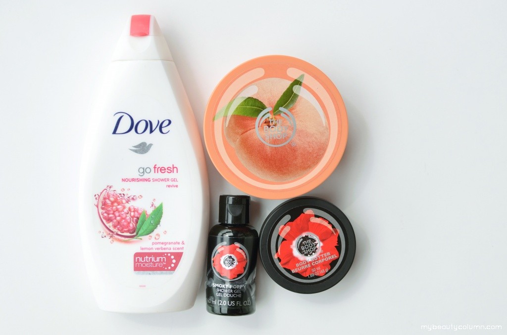 Dove Go Fresh Shower Gel, The Body Shop Smoky Poppy Gel & Body Butter, TBS Vineyard Peach Body Butter