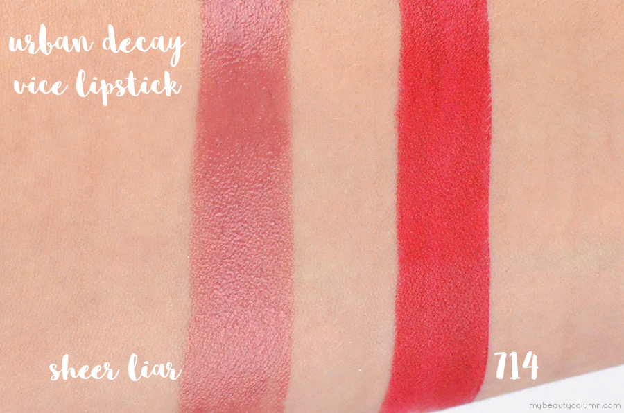 Urban Decay Vice Lipstick Swatches - Sheer Liar & 714
